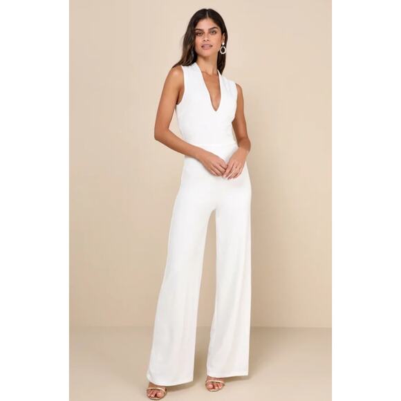 Lulus Thinking Out Loud Backless Jumpsuit Womens XS White V Neckline Bride - Picture 1 of 11